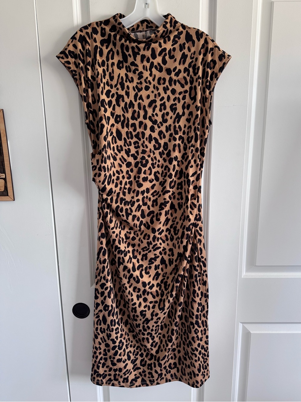 Nine West Leopard Print Midi Dress mock neck with cap sleeves